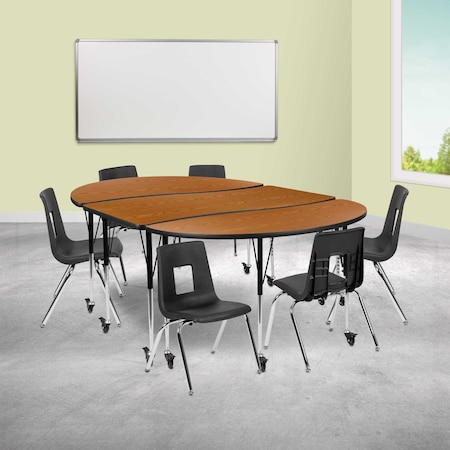 Flash Furniture Mobile 86" Oval Wave Oak Table Set-16" Chairs XU-GRP-16CH-A3060CON-60-OAK-T-A-CAS-GG